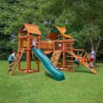 Gorilla Playsets Pioneer Peak Treehouse Wooden Swing Set with Clatter Bridge & Tire Swing - Image 2