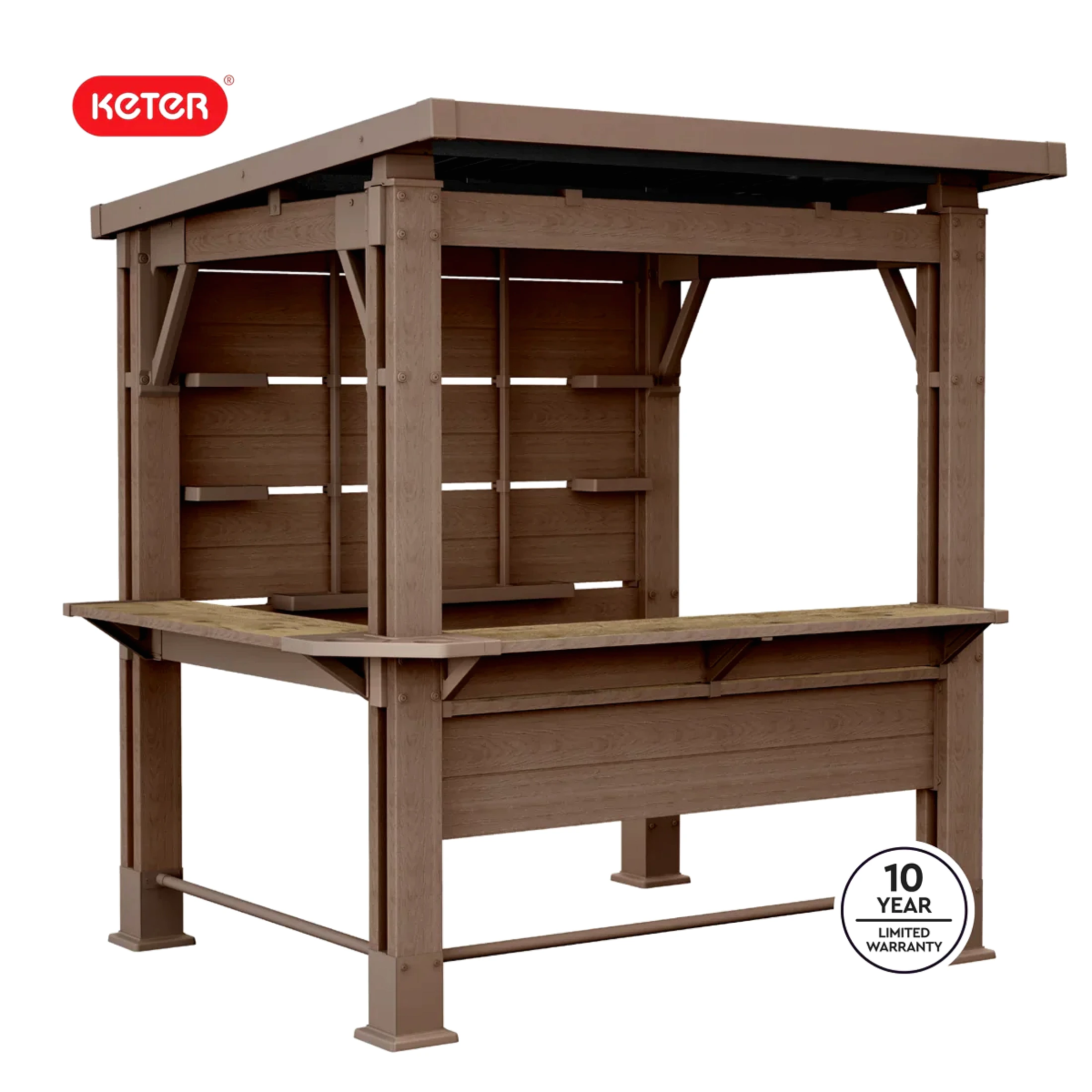 fashodre-llc-fashodre-llc-keter-signature-collection-7-5-x-6-5-ft-bar-gazebo-with-shelves-01-20260725084625-14f1d557.webp Keter Signature Collection 7.5 x 6.5 ft. Bar Gazebo with Shelves and TV Mount, Pine Brown - Image 1