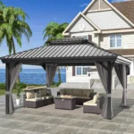 Patioslife Hardtop Pergola Gazebo Grey 10 ft×12 ft Aluminum Frame Galvanized Steel Roof